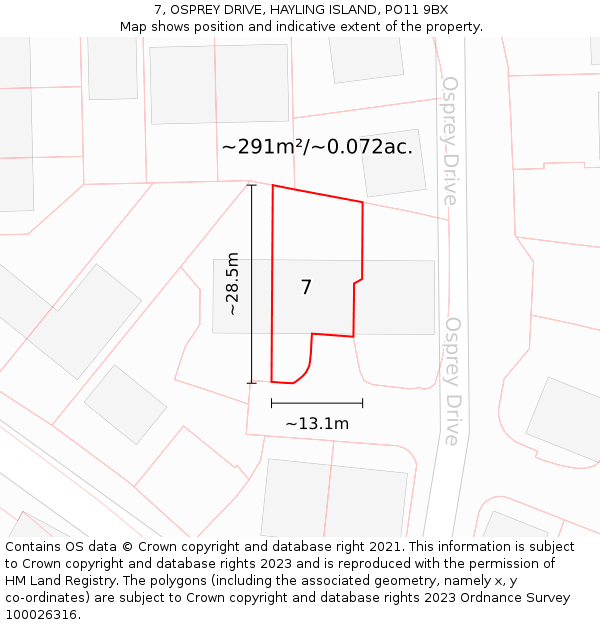 7, OSPREY DRIVE, HAYLING ISLAND, PO11 9BX: Plot and title map