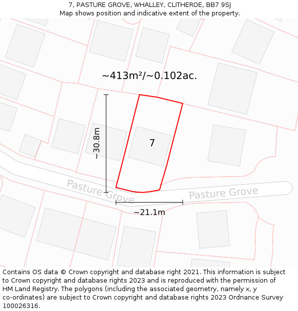 7, PASTURE GROVE, WHALLEY, CLITHEROE, BB7 9SJ: Plot and title map