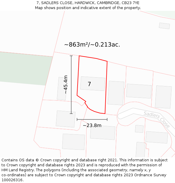 7, SADLERS CLOSE, HARDWICK, CAMBRIDGE, CB23 7YE: Plot and title map