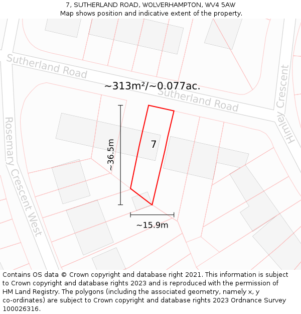 7, SUTHERLAND ROAD, WOLVERHAMPTON, WV4 5AW: Plot and title map