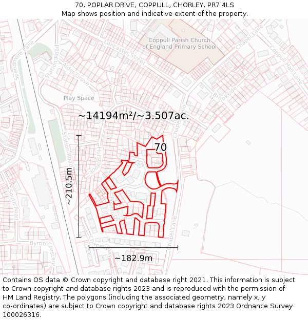 70, POPLAR DRIVE, COPPULL, CHORLEY, PR7 4LS: Plot and title map