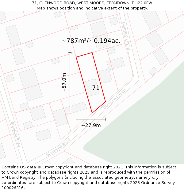 71, GLENWOOD ROAD, WEST MOORS, FERNDOWN, BH22 0EW: Plot and title map