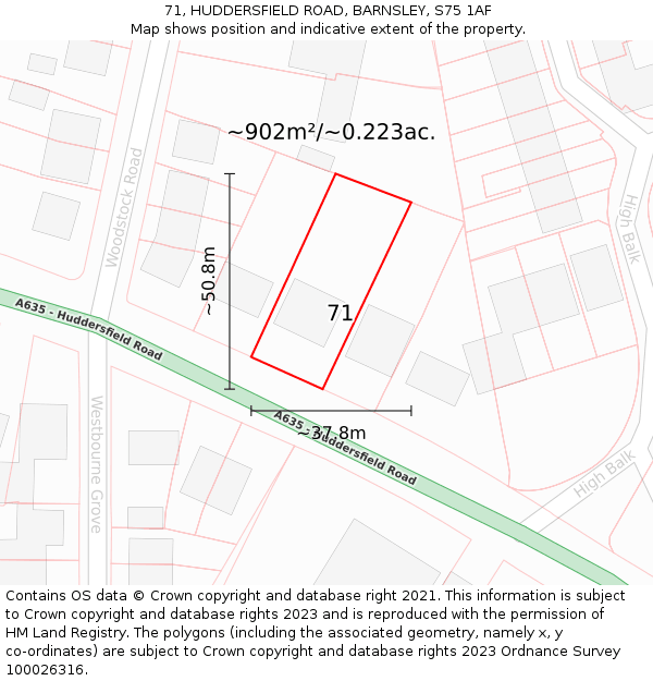 71, HUDDERSFIELD ROAD, BARNSLEY, S75 1AF: Plot and title map