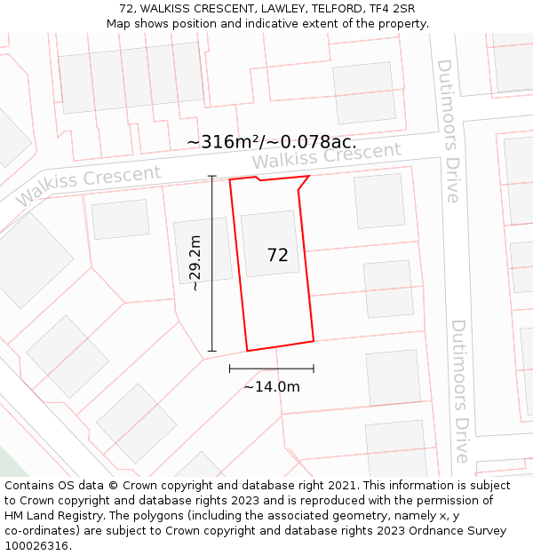 72, WALKISS CRESCENT, LAWLEY, TELFORD, TF4 2SR: Plot and title map