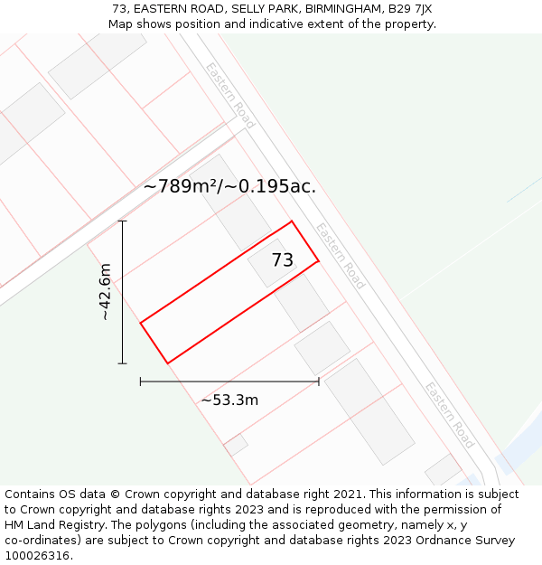 73, EASTERN ROAD, SELLY PARK, BIRMINGHAM, B29 7JX: Plot and title map