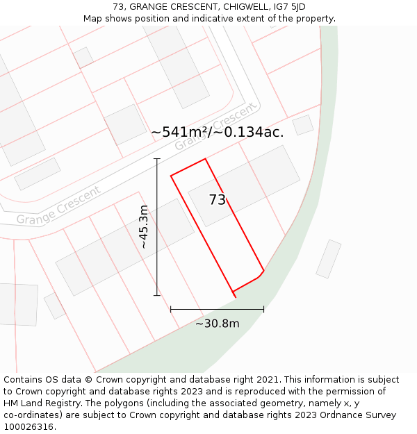 73, GRANGE CRESCENT, CHIGWELL, IG7 5JD: Plot and title map