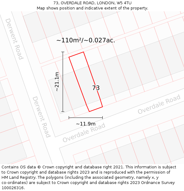 73, OVERDALE ROAD, LONDON, W5 4TU: Plot and title map