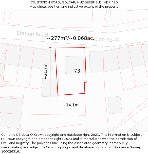 73, STATION ROAD, GOLCAR, HUDDERSFIELD, HD7 4ED: Plot and title map