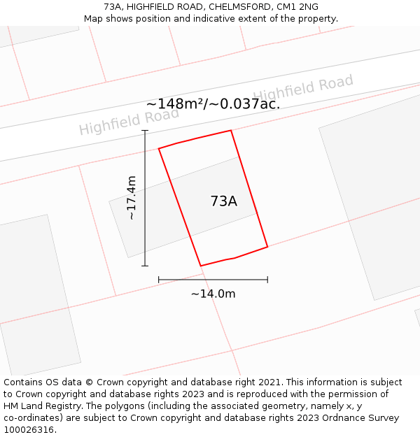 73A, HIGHFIELD ROAD, CHELMSFORD, CM1 2NG: Plot and title map