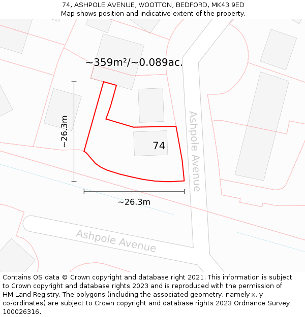 74, ASHPOLE AVENUE, WOOTTON, BEDFORD, MK43 9ED: Plot and title map