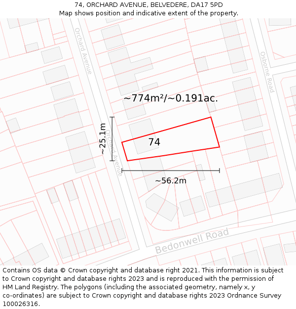 74, ORCHARD AVENUE, BELVEDERE, DA17 5PD: Plot and title map