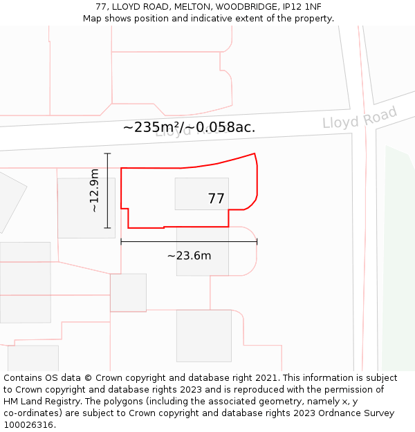 77, LLOYD ROAD, MELTON, WOODBRIDGE, IP12 1NF: Plot and title map