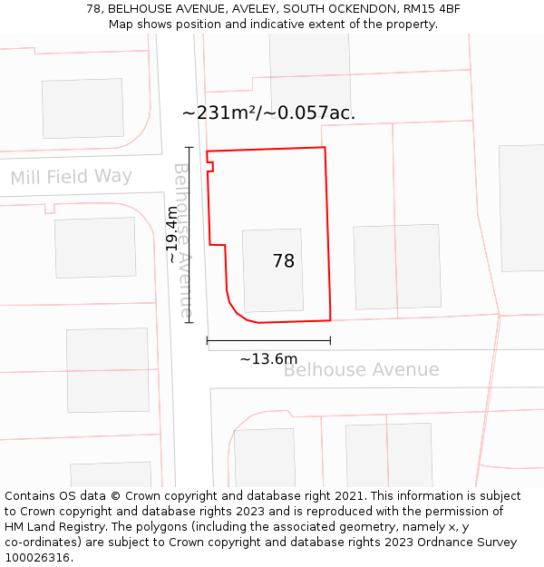 78, BELHOUSE AVENUE, AVELEY, SOUTH OCKENDON, RM15 4BF: Plot and title map