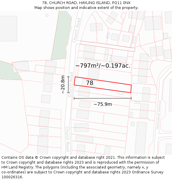 78, CHURCH ROAD, HAYLING ISLAND, PO11 0NX: Plot and title map