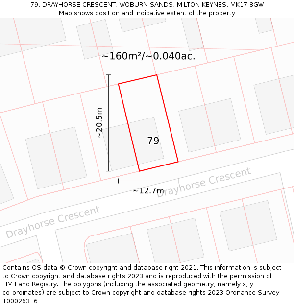 79, DRAYHORSE CRESCENT, WOBURN SANDS, MILTON KEYNES, MK17 8GW: Plot and title map