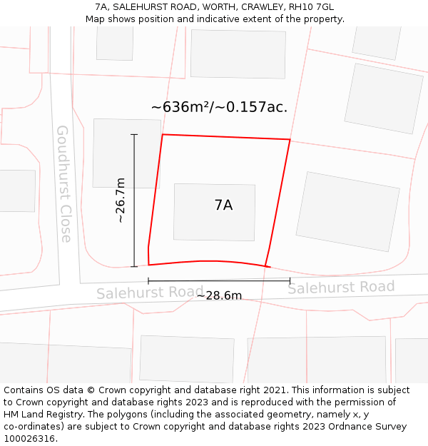 7A, SALEHURST ROAD, WORTH, CRAWLEY, RH10 7GL: Plot and title map