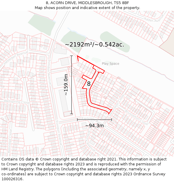 8, ACORN DRIVE, MIDDLESBROUGH, TS5 8BF: Plot and title map