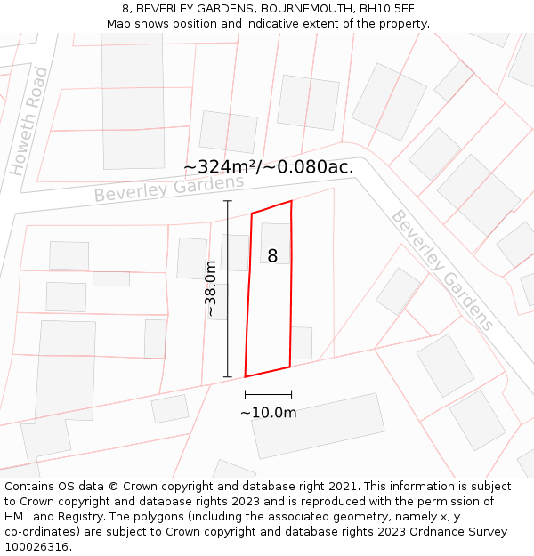 8, BEVERLEY GARDENS, BOURNEMOUTH, BH10 5EF: Plot and title map