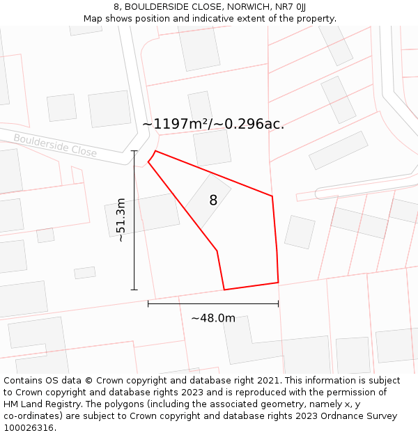 8, BOULDERSIDE CLOSE, NORWICH, NR7 0JJ: Plot and title map