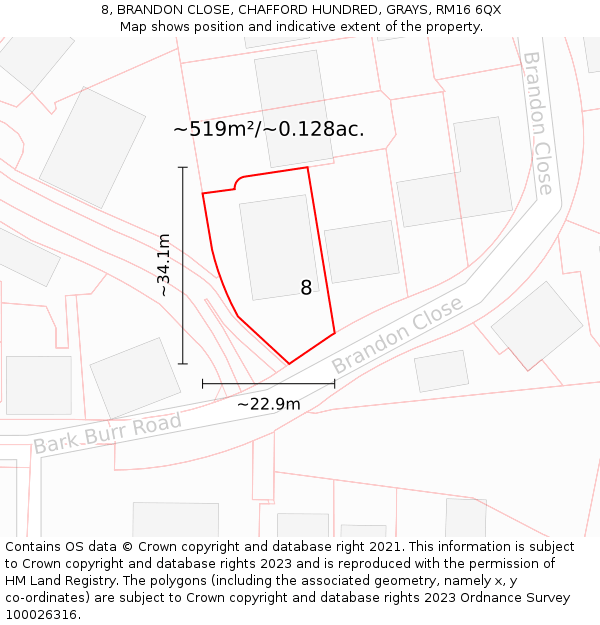 8, BRANDON CLOSE, CHAFFORD HUNDRED, GRAYS, RM16 6QX: Plot and title map