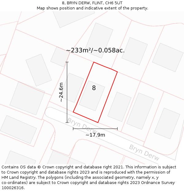 8, BRYN DERW, FLINT, CH6 5UT: Plot and title map