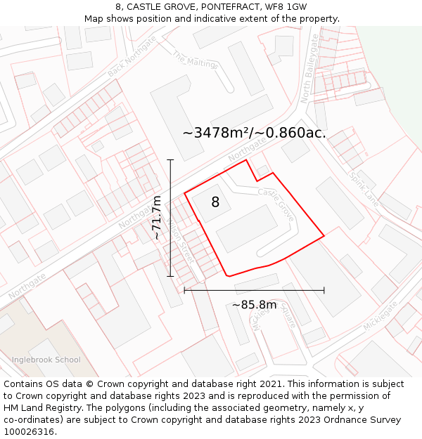 8, CASTLE GROVE, PONTEFRACT, WF8 1GW: Plot and title map