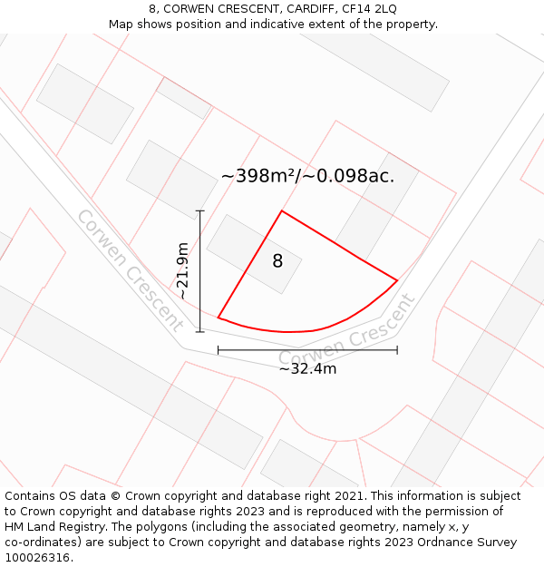 8, CORWEN CRESCENT, CARDIFF, CF14 2LQ: Plot and title map