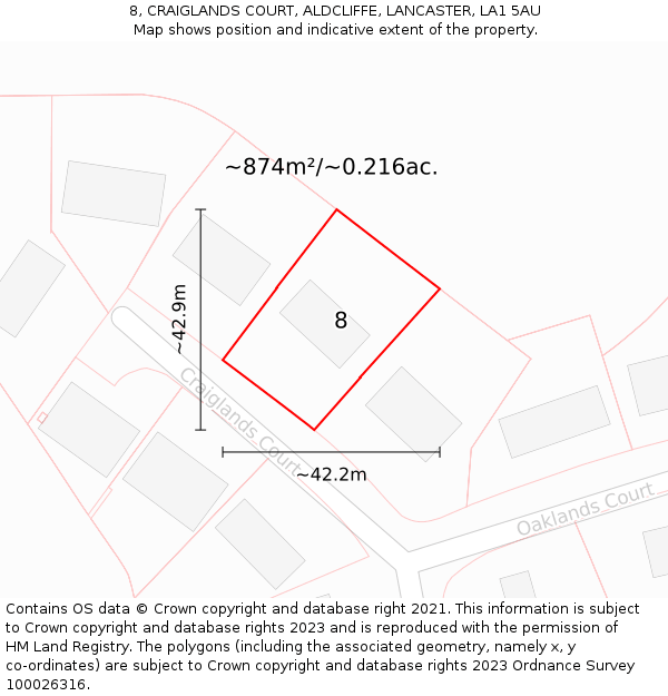 8, CRAIGLANDS COURT, ALDCLIFFE, LANCASTER, LA1 5AU: Plot and title map