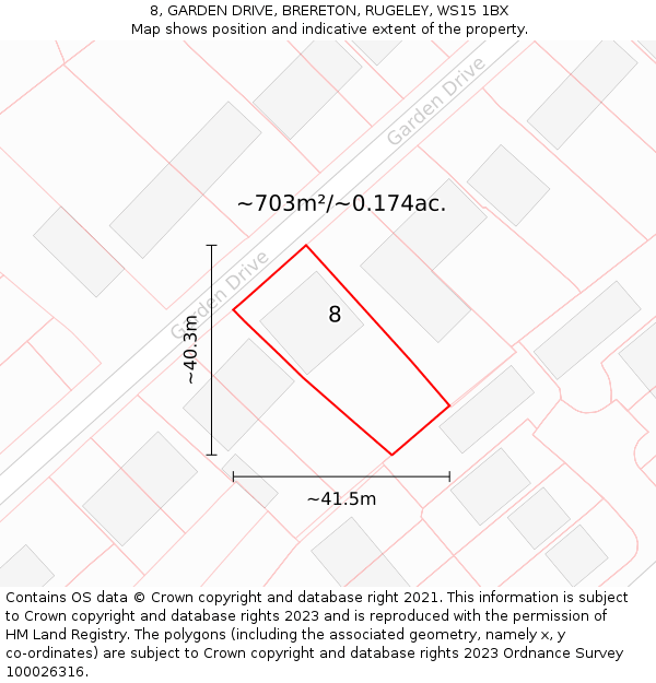 8, GARDEN DRIVE, BRERETON, RUGELEY, WS15 1BX: Plot and title map