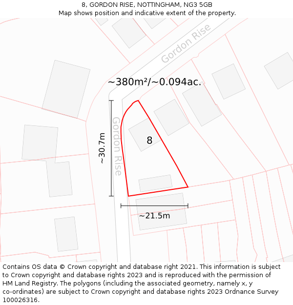 8, GORDON RISE, NOTTINGHAM, NG3 5GB: Plot and title map