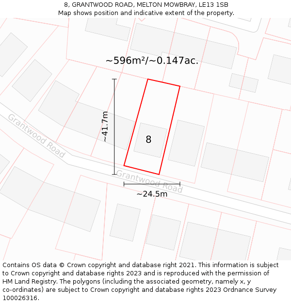 8, GRANTWOOD ROAD, MELTON MOWBRAY, LE13 1SB: Plot and title map