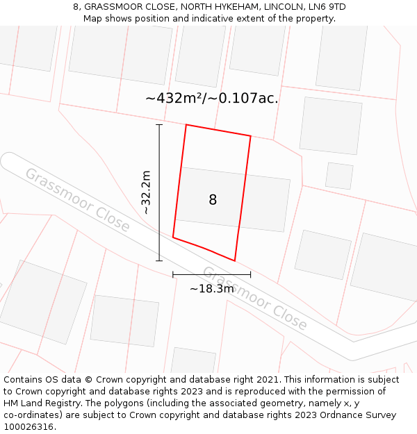 8, GRASSMOOR CLOSE, NORTH HYKEHAM, LINCOLN, LN6 9TD: Plot and title map