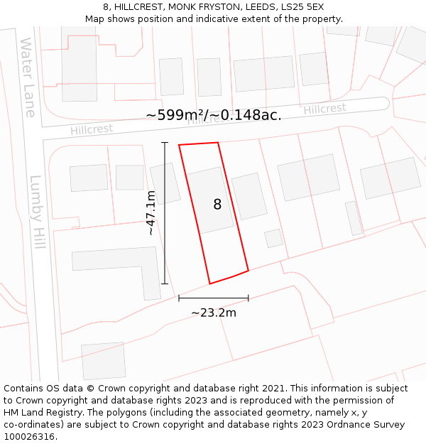 8, HILLCREST, MONK FRYSTON, LEEDS, LS25 5EX: Plot and title map