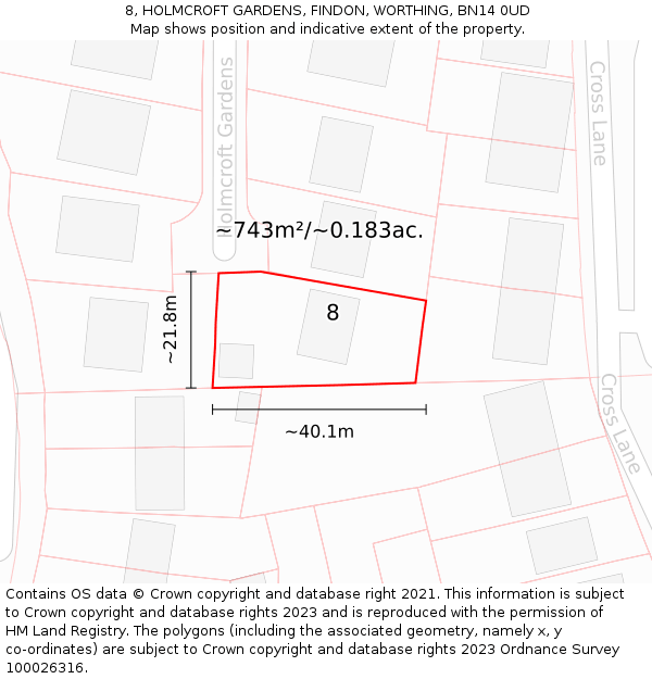 8, HOLMCROFT GARDENS, FINDON, WORTHING, BN14 0UD: Plot and title map