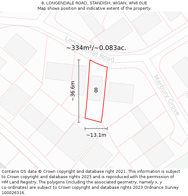 8, LONGENDALE ROAD, STANDISH, WIGAN, WN6 0UE: Plot and title map