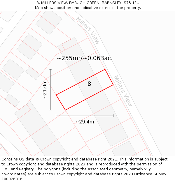 8, MILLERS VIEW, BARUGH GREEN, BARNSLEY, S75 1FU: Plot and title map