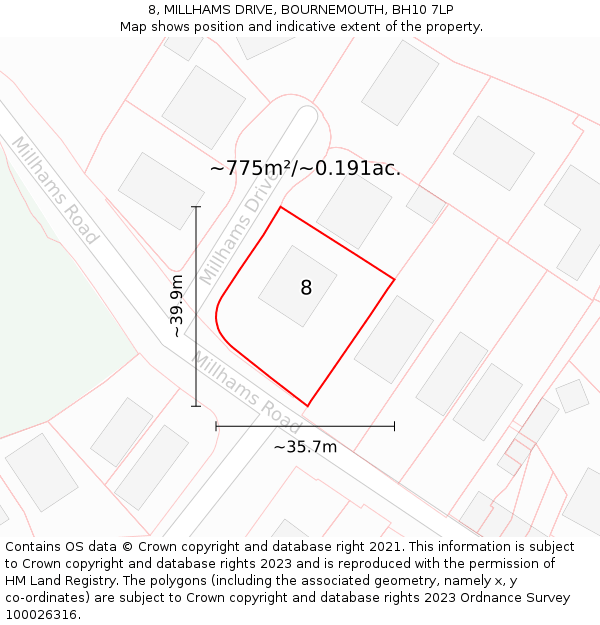 8, MILLHAMS DRIVE, BOURNEMOUTH, BH10 7LP: Plot and title map