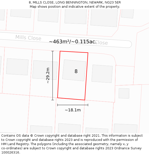 8, MILLS CLOSE, LONG BENNINGTON, NEWARK, NG23 5ER: Plot and title map