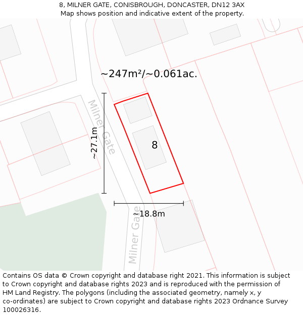 8, MILNER GATE, CONISBROUGH, DONCASTER, DN12 3AX: Plot and title map