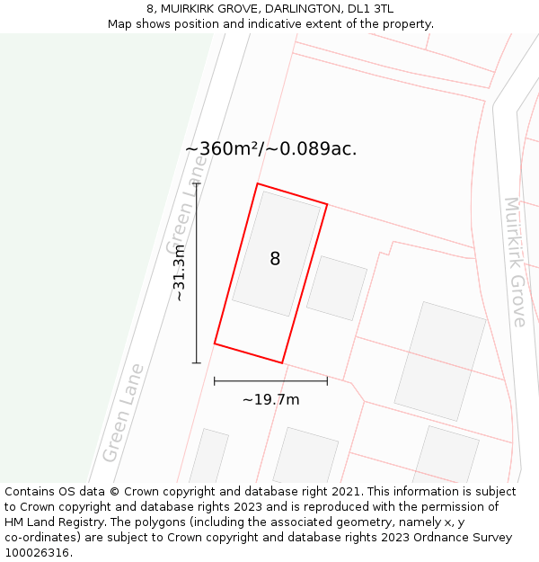 8, MUIRKIRK GROVE, DARLINGTON, DL1 3TL: Plot and title map