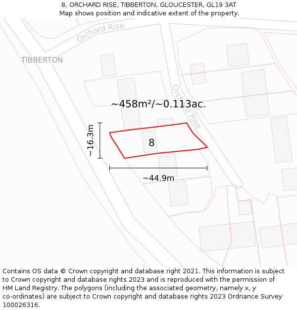 8, ORCHARD RISE, TIBBERTON, GLOUCESTER, GL19 3AT: Plot and title map