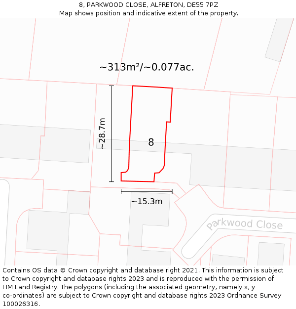 8, PARKWOOD CLOSE, ALFRETON, DE55 7PZ: Plot and title map