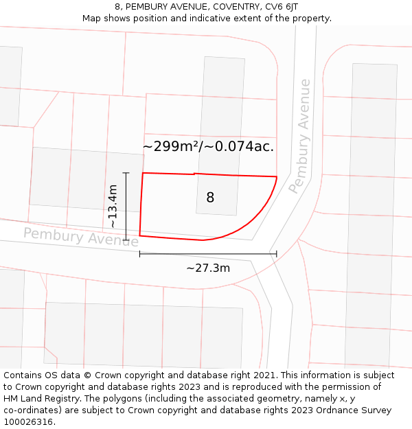 8, PEMBURY AVENUE, COVENTRY, CV6 6JT: Plot and title map