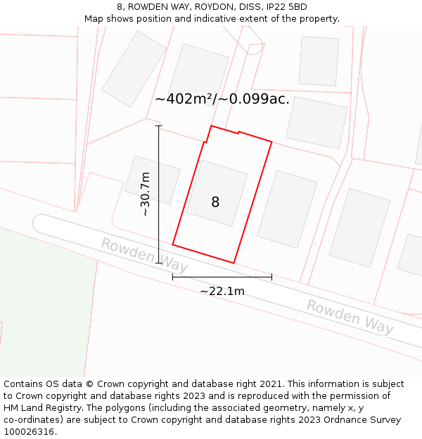 8, ROWDEN WAY, ROYDON, DISS, IP22 5BD: Plot and title map