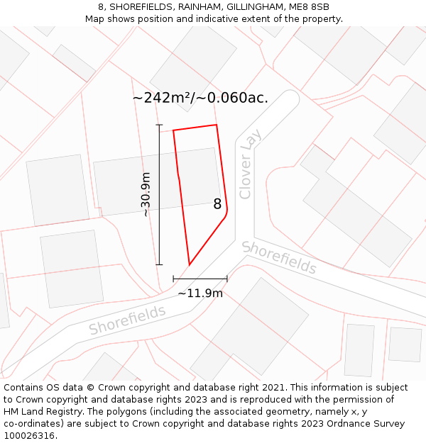 8, SHOREFIELDS, RAINHAM, GILLINGHAM, ME8 8SB: Plot and title map