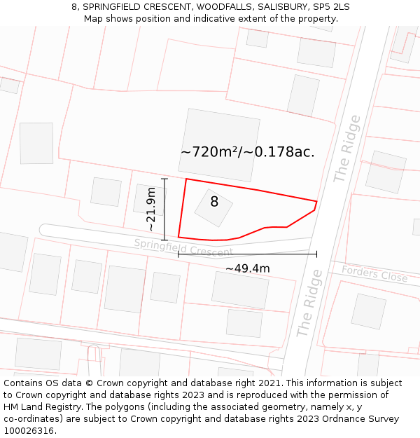 8, SPRINGFIELD CRESCENT, WOODFALLS, SALISBURY, SP5 2LS: Plot and title map