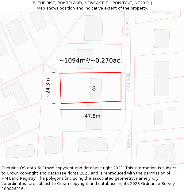 8, THE RISE, PONTELAND, NEWCASTLE UPON TYNE, NE20 9LJ: Plot and title map