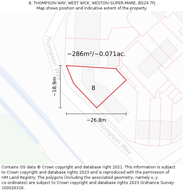 8, THOMPSON WAY, WEST WICK, WESTON-SUPER-MARE, BS24 7FJ: Plot and title map