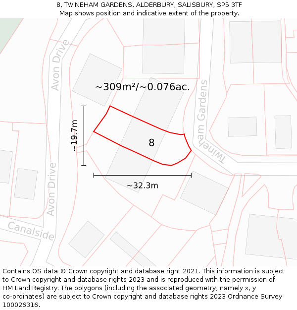 8, TWINEHAM GARDENS, ALDERBURY, SALISBURY, SP5 3TF: Plot and title map