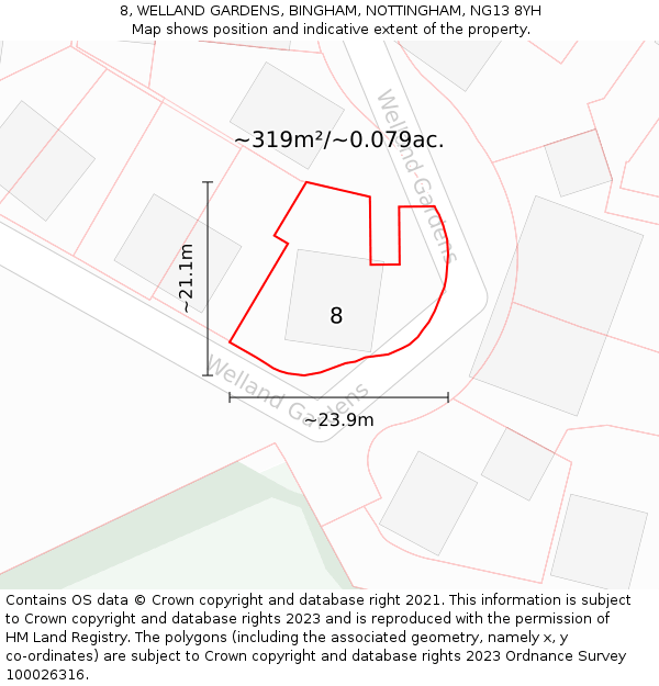 8, WELLAND GARDENS, BINGHAM, NOTTINGHAM, NG13 8YH: Plot and title map